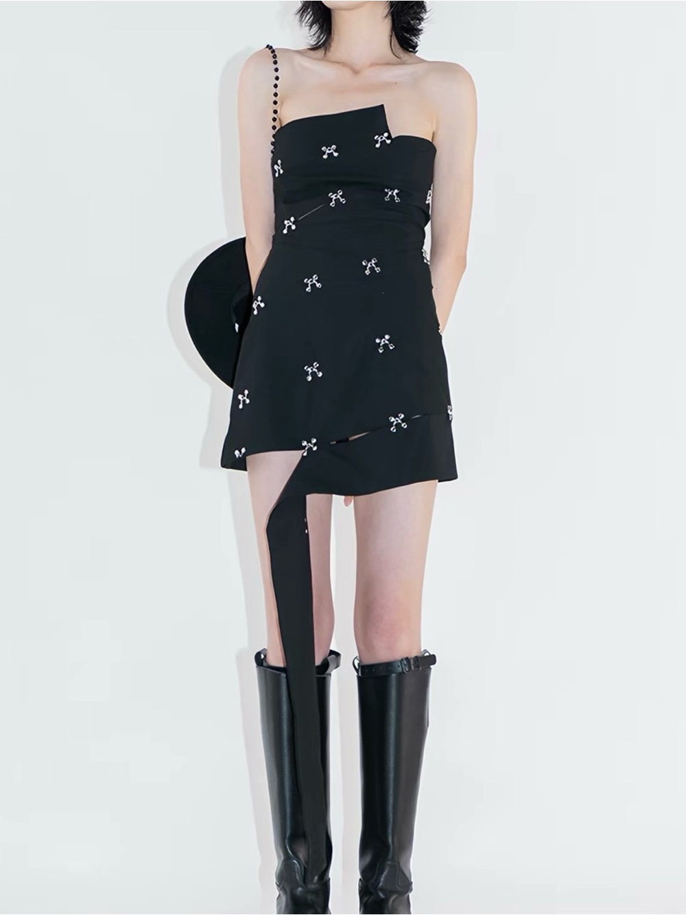 Black Strapless Mini Dress with Embellishments